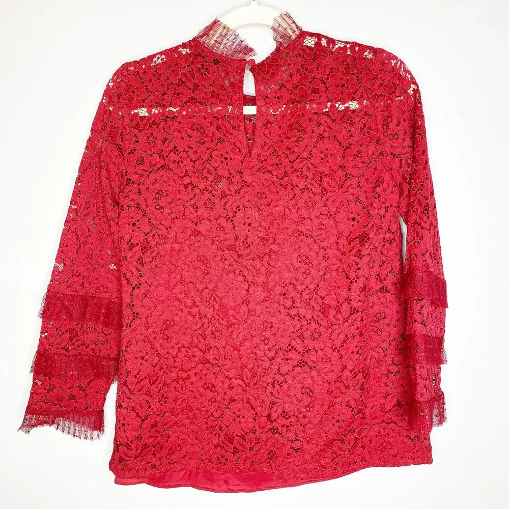 J crew Red Lace Party Top with Tulle Ruffle XS